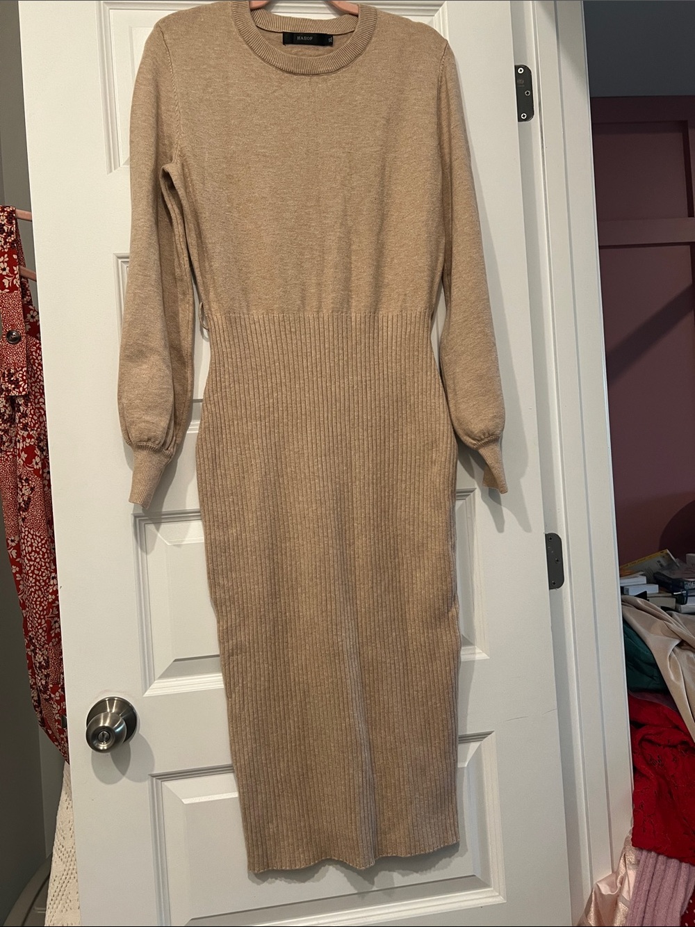Haeof Tan Long Sleeve Ribbed Midi Dress